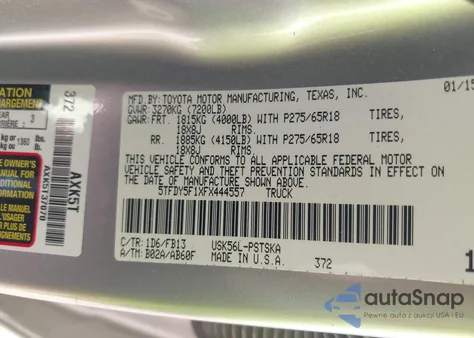 2015 Toyota Tundra Sr5 5.7L V8 из США, поврежденный, VIN 5TFDY5F1XFX444557